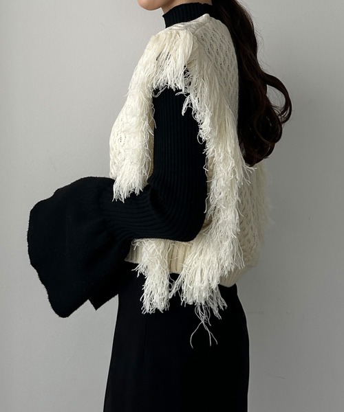 Louere（ルエレ）の「フリンジニットベスト（ベスト・レディース・グレイッシュベージュ/ブラック/アイボリー・FREE）」の5枚目の写真