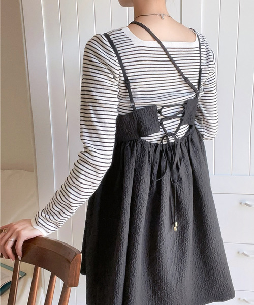 mily bilet（ミウィビレット）の「【mily bilet】フェミニンな後ろ姿で魅せる。エンボスジャガード レイヤードキャミ ミニワンピ（キャミソール・レディース・ホワイト/ブラウン/ブラック・MEDIUM/SMALL/LARGE/X-LARGE）」の14枚目の写真