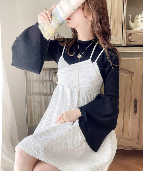 mily bilet（ミウィビレット）の「【mily bilet】フェミニンな後ろ姿で魅せる。エンボスジャガード レイヤードキャミ ミニワンピ（キャミソール・レディース・ホワイト/ブラウン/ブラック・MEDIUM/SMALL/LARGE/X-LARGE）」の10枚目の写真