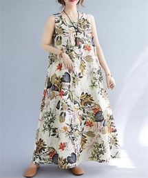 CABBAGES&ROSES リネン 花柄 きなり ワンピース 麻100 CABBAGES&ROSES リネン 花柄 きなり ワンピース 麻100