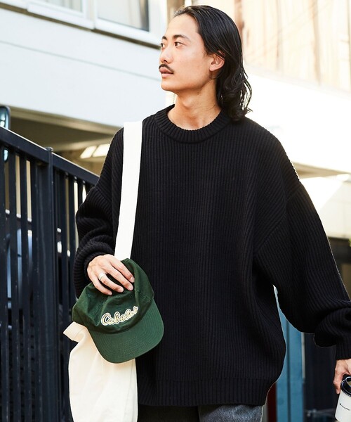 FREAK'S STORE（フリークスストア）の「限定展開 ビッグシルエット 畦編み クルーネックニット/ルーズフィット（ニット/セーター・メンズ・ブラック/ダークグリーン/パープル/ネイビー/グレー/オフホワイト/サックスブルー/イエロー/ライトグリーン/ホワイト系その他/ブラック系その他・SMALL/MEDIUM/LARGE）」の18枚目の写真