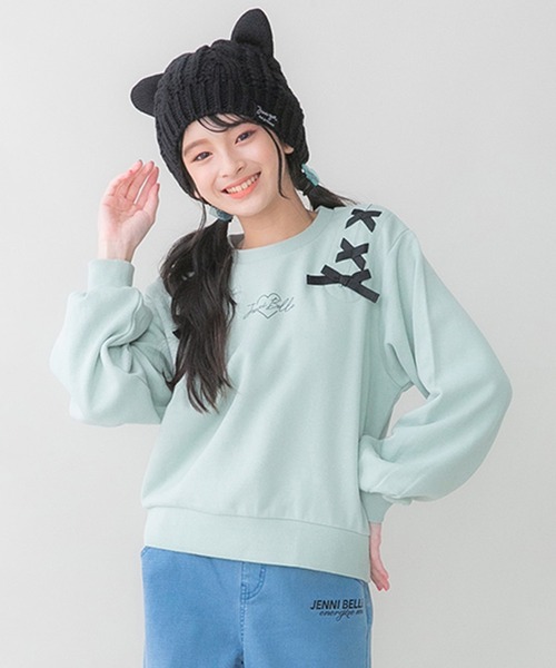 JENNI belle（ジェニィベル）の「【WEB限定】【コットン100％】レースアップショート丈トレーナー（スウェット・キッズ・ミント/サックスブルー/ピンク・130cm/140cm/150cm/160cm）」の2枚目の写真