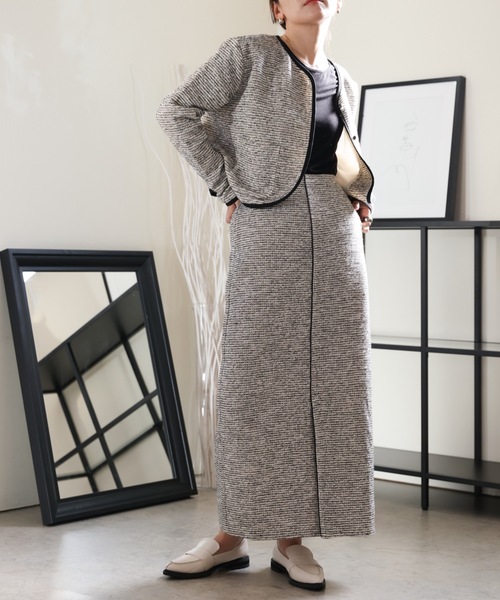 ULEULA（ウルア）の「ツイードパイピングスリットスカート/Iラインシルエットスカート（スカート・レディース・ブラック/アイボリー・FREE）」の9枚目の写真