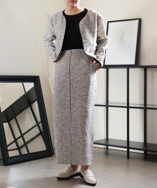 ULEULA（ウルア）の「ツイードパイピングスリットスカート/Iラインシルエットスカート（スカート・レディース・ブラック/アイボリー・FREE）」の10枚目の写真