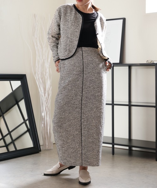 ULEULA（ウルア）の「ツイードパイピングスリットスカート/Iラインシルエットスカート（スカート・レディース・ブラック/アイボリー・FREE）」の11枚目の写真
