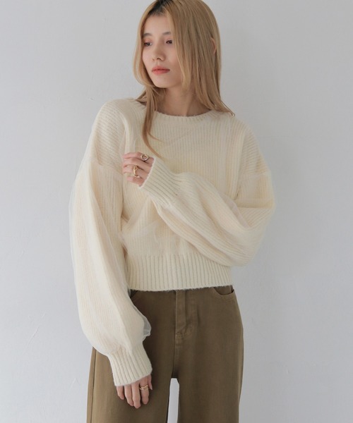 CLEIO（クレイオ）の「【CLEIO】チュールドッキング片畦ニット/TULLE DOCKING SINGLE RIDGE KNIT/986-11623（ニット/セーター・レディース・ライトグリーン/アイボリー/ライトグレー・FREE）」の2枚目の写真