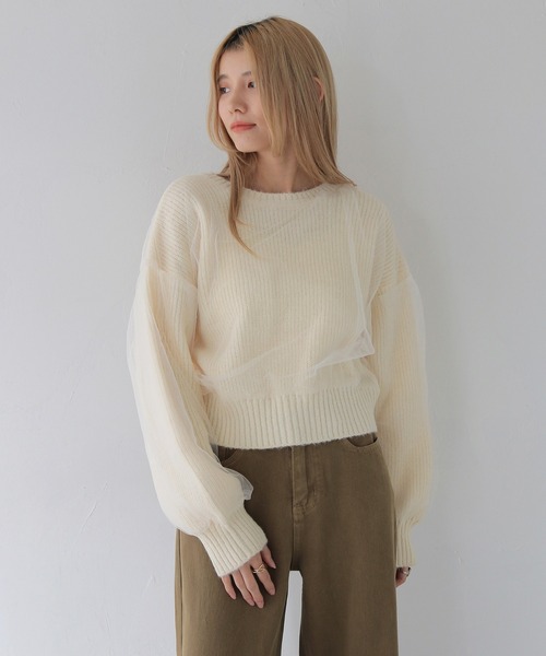 CLEIO（クレイオ）の「【CLEIO】チュールドッキング片畦ニット/TULLE DOCKING SINGLE RIDGE KNIT/986-11623（ニット/セーター・レディース・ライトグリーン/アイボリー/ライトグレー・FREE）」の14枚目の写真