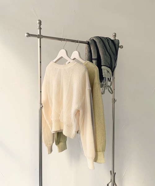 CLEIO（クレイオ）の「【CLEIO】チュールドッキング片畦ニット/TULLE DOCKING SINGLE RIDGE KNIT/986-11623（ニット/セーター・レディース・ライトグリーン/アイボリー/ライトグレー・FREE）」の4枚目の写真