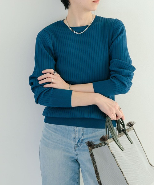 セール】Color-block lined compact ribbed knit / 配色ライン