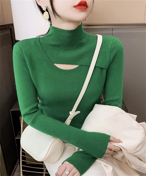 FREE STYLISTS（フリー スタイリスト）の「胸開き ハイネックニットトップス（ニット/セーター・レディース・ホワイト/ブラウン/キャメル/グリーン/ブラック/ベージュ/ブルー/オリーブ/オレンジ・FREE）」の6枚目の写真