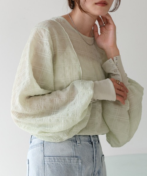 Bab（バブ）の「ドットボタン2WAYトップス（シャツ/ブラウス・レディース・ホワイト系その他/グリーン/オフホワイト/ブルーグリーン・M）」の4枚目の写真