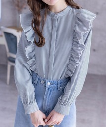 ≪再入荷≫ダブルフリルストライプ長袖シャツ[着回し力抜群 ガーリー]