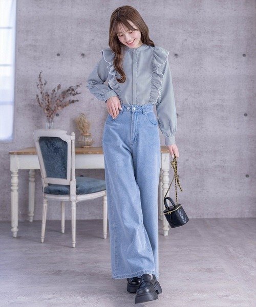 clear（クリア）の「≪再入荷≫ダブルフリルストライプ長袖シャツ[着回し力抜群 ガーリー]（シャツ/ブラウス・レディース・ネイビー/ブラック/サックスブルー・F）」の18枚目の写真