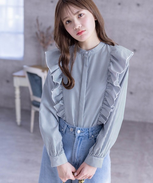 clear（クリア）の「≪再入荷≫ダブルフリルストライプ長袖シャツ[着回し力抜群 ガーリー]（シャツ/ブラウス・レディース・ネイビー/ブラック/サックスブルー・F）」の5枚目の写真