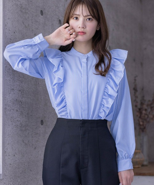 clear（クリア）の「≪再入荷≫ダブルフリルストライプ長袖シャツ[着回し力抜群 ガーリー]（シャツ/ブラウス・レディース・ネイビー/ブラック/サックスブルー・F）」の6枚目の写真