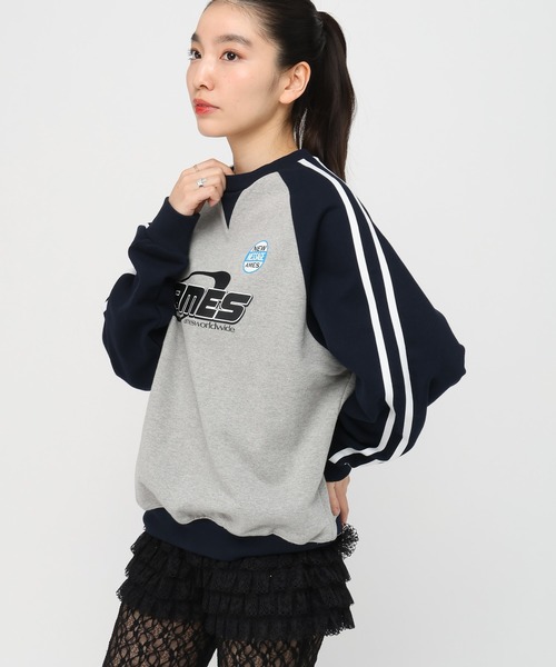 ★AMES-WORLDWIDE★LAYERED NECK SWEATSHIRT BLUE★正規品/人気 セール】【UNISEX】AMES WORLDWIDE／スリーブステッチ プル