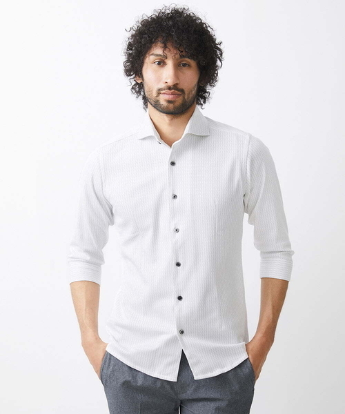 MICHEL KLEIN HOMME (ミッシェルクランオム)の「《日本製》立体柄ストレッチラッセル七分袖シャツ(シャツ/ブラウス・メンズ・ライトグレー/ネイビー/ピンク・MEDIUM/LARGE/X-LARGE)」の1枚目の写真