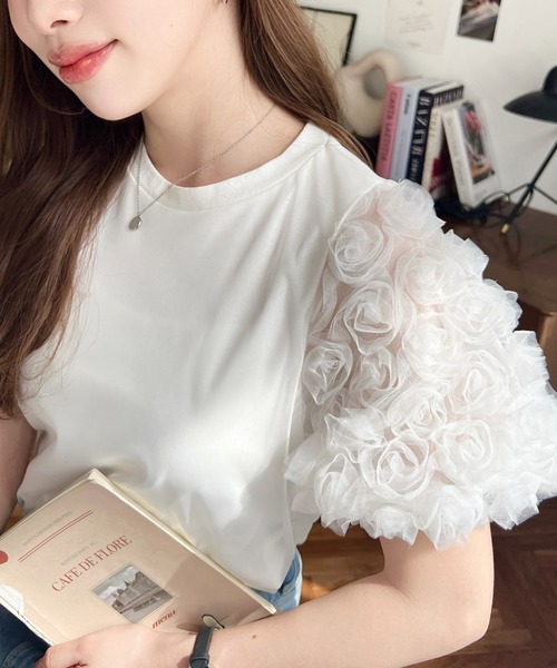 Moitie フリルカットソー パフスリーブ 白 着用感あり モワティエ Re:EDIT tシャツ 「接触冷感」「UVカット」「紫外線対策