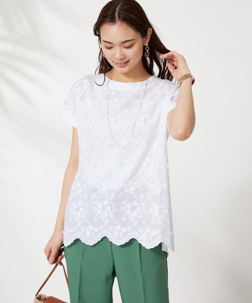 BELLUNA PLUS（ベルーナ）の「モチーフレース使いデザインプルオーバー（Tシャツ/カットソー・レディース・ラベンダー/セージグリーン/オフホワイト/ネイビー・MEDIUM/LARGE/X-LARGE）」の14枚目の写真