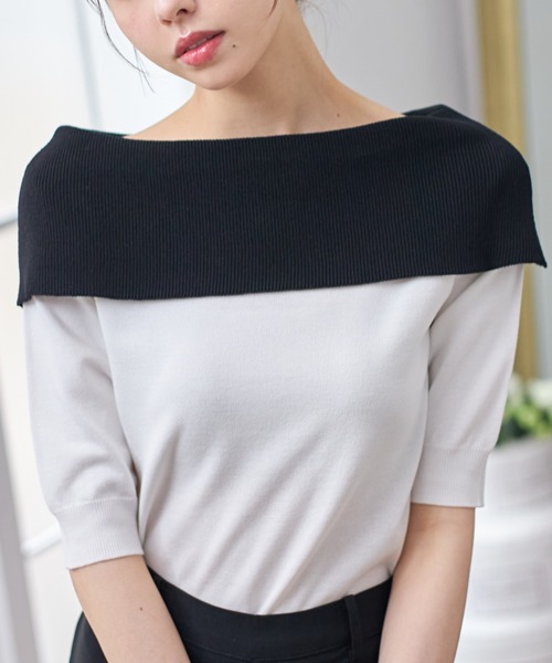 tocco closet(トッコ クローゼット)の「前後2WAY配色リボンカラーニットプルオーバー(ニット/セーター・レディース・ネイビー×ホワイト/ホワイト×ブラック・M)」の2枚目の写真