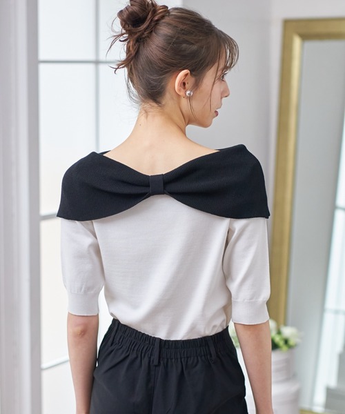 tocco closet(トッコ クローゼット)の「前後2WAY配色リボンカラーニットプルオーバー(ニット/セーター・レディース・ネイビー×ホワイト/ホワイト×ブラック・M)」の5枚目の写真