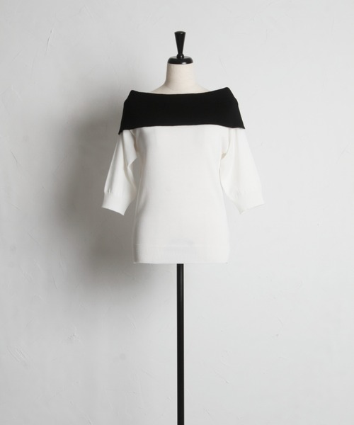 tocco closet(トッコ クローゼット)の「前後2WAY配色リボンカラーニットプルオーバー(ニット/セーター・レディース・ネイビー×ホワイト/ホワイト×ブラック・M)」の13枚目の写真