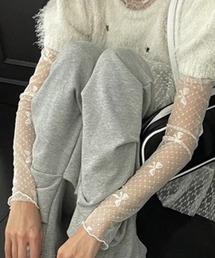 リボンドットシアーハーフネックメッシュトップス