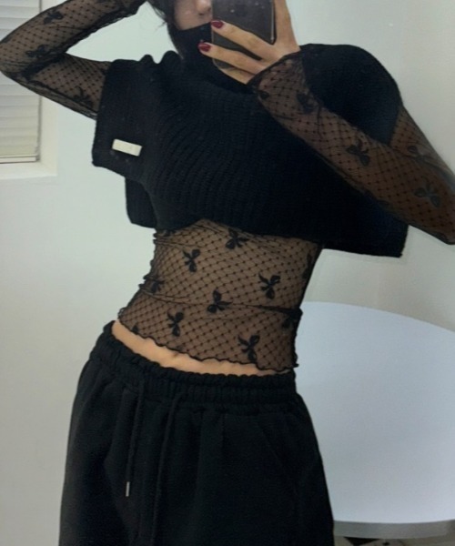 Per sist ence(パーシエンス)の「リボンドットシアーハーフネックメッシュトップス(Tシャツ/カットソー・レディース・ホワイト/ブラック・FREE)」の11枚目の写真