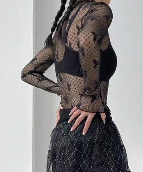 Per sist ence(パーシエンス)の「リボンドットシアーハーフネックメッシュトップス(Tシャツ/カットソー・レディース・ホワイト/ブラック・FREE)」の16枚目の写真