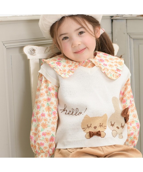 KP(ケーピー)の「うさぎ&ネコニットベスト(90~150)(ニット/セーター・キッズ・オフホワイト/ピンク・90cm/100cm/110cm/120cm/130cm/140cm/150cm)」の1枚目の写真