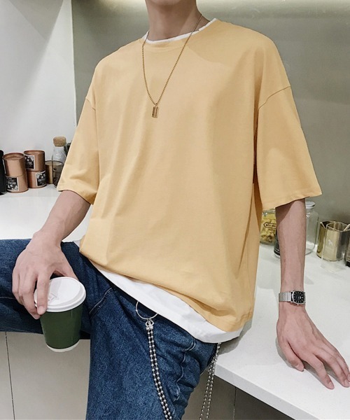 AsaAura（アサオーラ）の「レイヤード風tシャツ メンズクルーネック（Tシャツ/カットソー・メンズ・ブラック/ベージュ/オフホワイト/レッド/ブラウン/ブルー/ミント・FREE）」の5枚目の写真