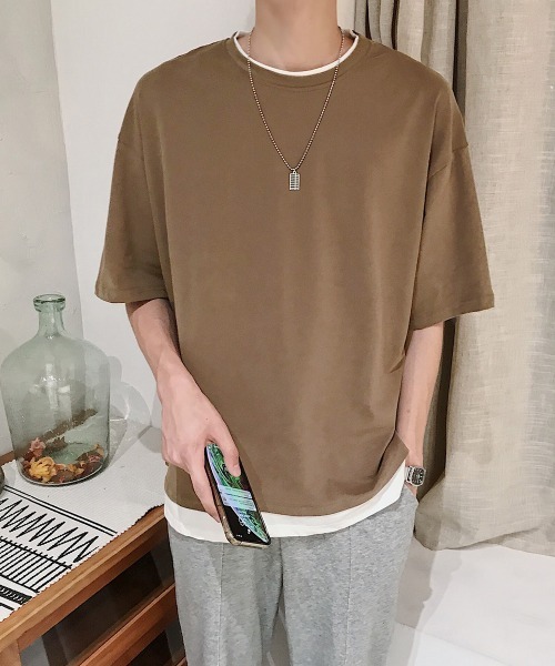 AsaAura（アサオーラ）の「レイヤード風tシャツ メンズクルーネック（Tシャツ/カットソー・メンズ・ブラック/ベージュ/オフホワイト/レッド/ブラウン/ブルー/ミント・FREE）」の4枚目の写真