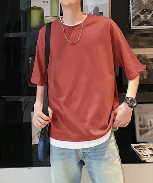 AsaAura（アサオーラ）の「レイヤード風tシャツ メンズクルーネック（Tシャツ/カットソー・メンズ・ブラック/ベージュ/オフホワイト/レッド/ブラウン/ブルー/ミント・FREE）」の7枚目の写真