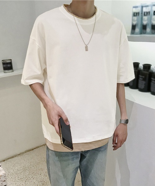 セール】レイヤード風tシャツ メンズクルーネック（Tシャツ