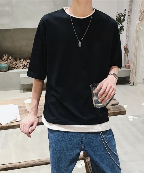 AsaAura（アサオーラ）の「レイヤード風tシャツ メンズクルーネック（Tシャツ/カットソー・メンズ・ブラック/ベージュ/オフホワイト/レッド/ブラウン/ブルー/ミント・FREE）」の3枚目の写真