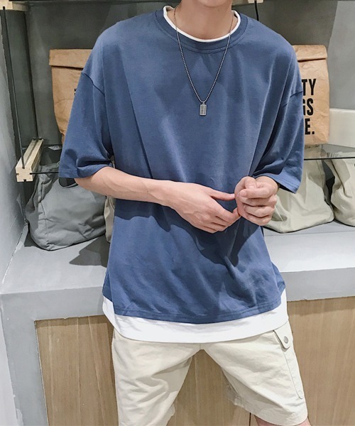 AsaAura（アサオーラ）の「レイヤード風tシャツ メンズクルーネック（Tシャツ/カットソー・メンズ・ブラック/ベージュ/オフホワイト/レッド/ブラウン/ブルー/ミント・FREE）」の8枚目の写真