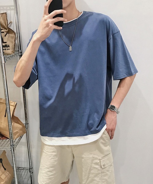 AsaAura（アサオーラ）の「レイヤード風tシャツ メンズクルーネック（Tシャツ/カットソー・メンズ・ブラック/ベージュ/オフホワイト/レッド/ブラウン/ブルー/ミント・FREE）」の9枚目の写真