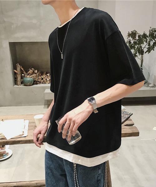 AsaAura（アサオーラ）の「レイヤード風tシャツ メンズクルーネック（Tシャツ/カットソー・メンズ・ブラック/ベージュ/オフホワイト/レッド/ブラウン/ブルー/ミント・FREE）」の10枚目の写真