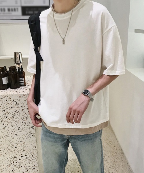 AsaAura（アサオーラ）の「レイヤード風tシャツ メンズクルーネック（Tシャツ/カットソー・メンズ・ブラック/ベージュ/オフホワイト/レッド/ブラウン/ブルー/ミント・FREE）」の11枚目の写真