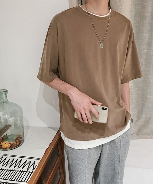 AsaAura（アサオーラ）の「レイヤード風tシャツ メンズクルーネック（Tシャツ/カットソー・メンズ・ブラック/ベージュ/オフホワイト/レッド/ブラウン/ブルー/ミント・FREE）」の15枚目の写真
