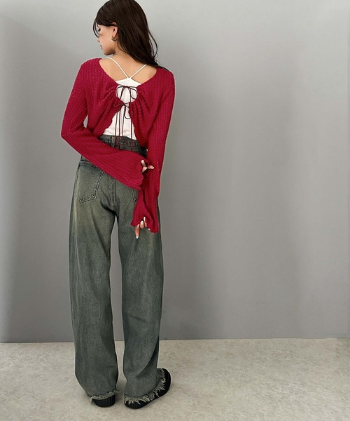 mily bilet(ミウィビレット)の「【mily bilet】高見えロゴプレートがキラリ。前後2WAYリボンデザインニットカーディガン(カーディガン/ボレロ・レディース・レッド/アイボリー/ブラック/チャコールグレー/スモークピンク/ライトブルー・X-LARGE/SMALL/MEDIUM/LARGE)」の15枚目の写真