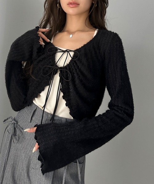 mily bilet(ミウィビレット)の「【mily bilet】高見えロゴプレートがキラリ。前後2WAYリボンデザインニットカーディガン(カーディガン/ボレロ・レディース・レッド/アイボリー/ブラック/チャコールグレー/スモークピンク/ライトブルー・X-LARGE/SMALL/MEDIUM/LARGE)」の10枚目の写真