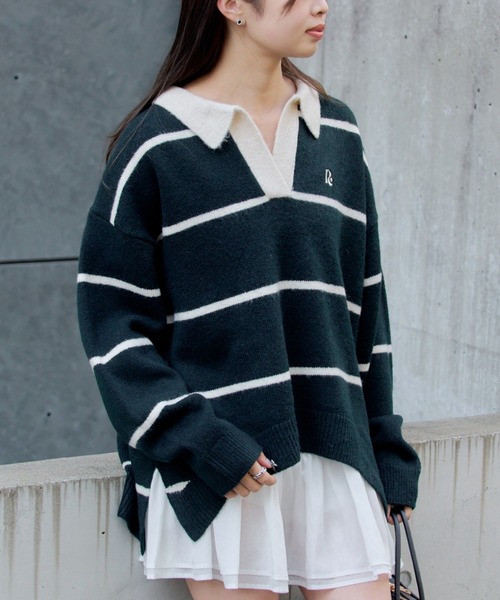 RAY CASSIN（レイカズン）の「【新色追加／チクチクしないニット】ボーダースキッパーポロ刺繍ニット（ニット/セーター・レディース・グレー/ネイビー/アイボリー/レッド/グリーン・FREE）」の4枚目の写真