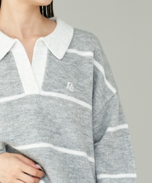 RAY CASSIN（レイカズン）の「【新色追加／チクチクしないニット】ボーダースキッパーポロ刺繍ニット（ニット/セーター・レディース・グレー/ネイビー/アイボリー/レッド/グリーン・FREE）」の19枚目の写真