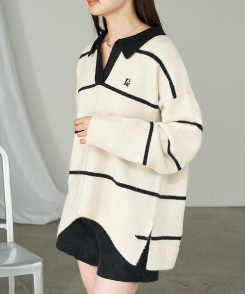 RAY CASSIN（レイカズン）の「【新色追加／チクチクしないニット】ボーダースキッパーポロ刺繍ニット（ニット/セーター・レディース・グレー/ネイビー/アイボリー/レッド/グリーン・FREE）」の7枚目の写真