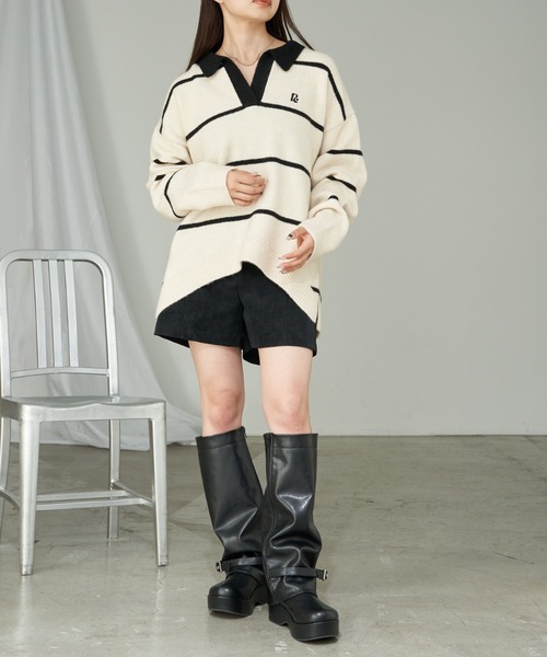 RAY CASSIN（レイカズン）の「【新色追加／チクチクしないニット】ボーダースキッパーポロ刺繍ニット（ニット/セーター・レディース・グレー/ネイビー/アイボリー/レッド/グリーン・FREE）」の8枚目の写真