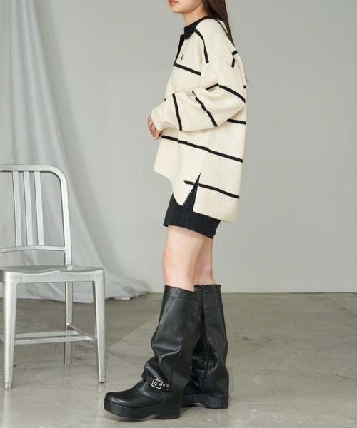 RAY CASSIN（レイカズン）の「【新色追加／チクチクしないニット】ボーダースキッパーポロ刺繍ニット（ニット/セーター・レディース・グレー/ネイビー/アイボリー/レッド/グリーン・FREE）」の10枚目の写真