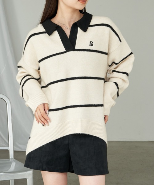 RAY CASSIN（レイカズン）の「【新色追加／チクチクしないニット】ボーダースキッパーポロ刺繍ニット（ニット/セーター・レディース・グレー/ネイビー/アイボリー/レッド/グリーン・FREE）」の11枚目の写真