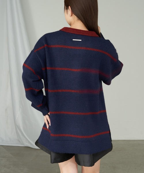 RAY CASSIN（レイカズン）の「【新色追加／チクチクしないニット】ボーダースキッパーポロ刺繍ニット（ニット/セーター・レディース・グレー/ネイビー/アイボリー/レッド/グリーン・FREE）」の21枚目の写真