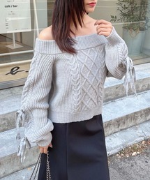 袖リボンオフショルケーブルニット